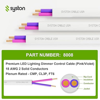 Syston Cable Technology 18/2 LED Lighting Dimmer Dimming Luminaire Control Wire Cable,18 AWG 2 Conductors Solid Bare Copper Unshielded Plenum Rated CMP CL3P FT6, for Ballast Wiring and Connection