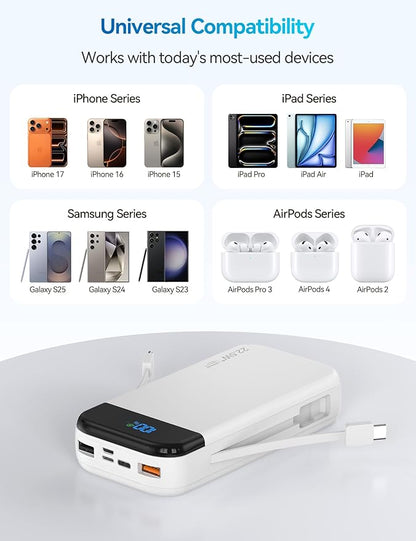LENGSUM Portable Charger Power Bank 32000mAh with Built in Cables, PD3.0 USB C Fast Phone Charger, 5 Outputs LCD Display Travel Battery Pack Compatible with iPhone, Samsung All Cell Phones (White)