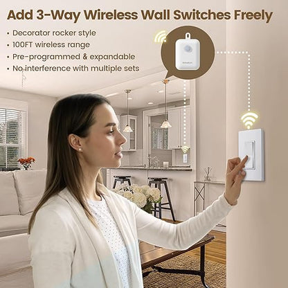 SURAIELEC 3-Way Wireless Remote Control Light Switch & Receiver Kit, 15A RF Wall Switch, 100ft Range, Ultra-Thin Design, Push-in Wiring, Expandable System for Lighting, Lamp (Neutral Wire Required)