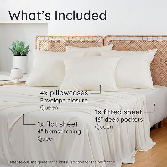 Bambaw Queen Sheet Set 6pcs – 100% Viscose Derived from Bamboo Sheets Queen Size Deep Pocket, Fits Up to 16'' with Elastic Corner Straps, Breathable & Cooling Sheets, Bedding for Night Sweats (Ivory)
