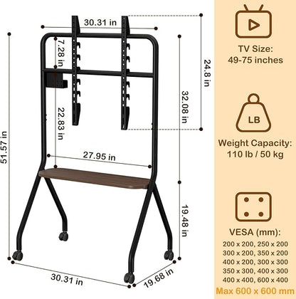 CVDF Rolling TV Stand for 49-75 Inch LCD LED OLED Flat/Curved Panel Screen TVs, Mobile TV Stand with Wheels, Height Adjustable TV Floor Stand, Holds up to 110 Lbs, Max VESA 600 x 600 mm, Black