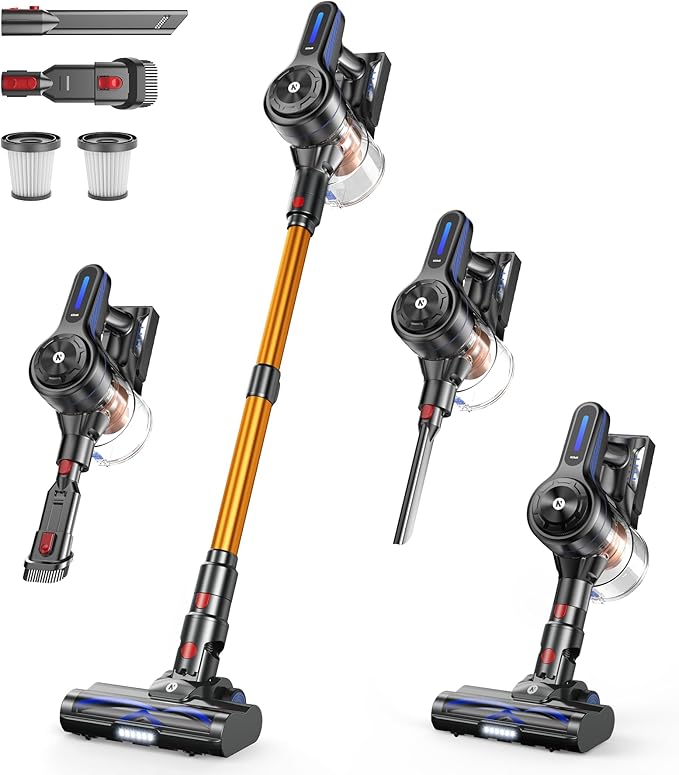 NADALY Cordless Vacuum Cleaner, 500W 40KPA Stick Vacuum with 45min Runtime, Anti-Tangle Self-Standing Vacuum Cleaners for Home, Lightweight Vacuum for Hardwood Floor/Carpet/Pet Hair, Bronzed Gold
