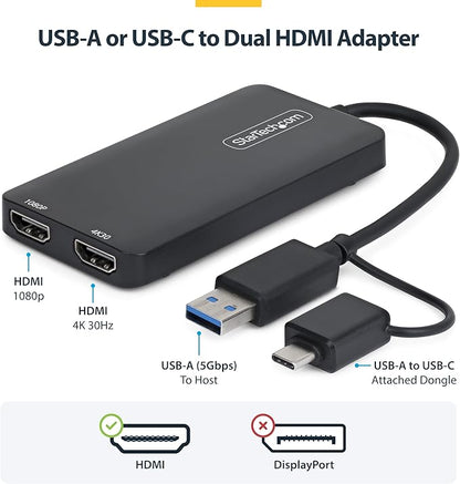 StarTech.com Dual Monitor Adapter for M1/M2/M3/M4 macOS Systems, Windows, ChromeOS. Thunderbolt, USB 3.0 or USB-C HDMI Splitter Extended Display, 4K30 Output 1 & 1080p Output 2, (107B-USB-HDMI-2)