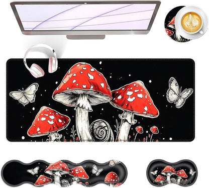 BFUKVOU Large Keyboard Mouse Pad Set, Extended Mouse Pad+Keyboard Wrist Rest Support, Memory Foam Ergonomic Easy Typing, 4Pcs (31.5×11.8 in) Desk Pad Set for Office Home,Mushrooms and Butterflies
