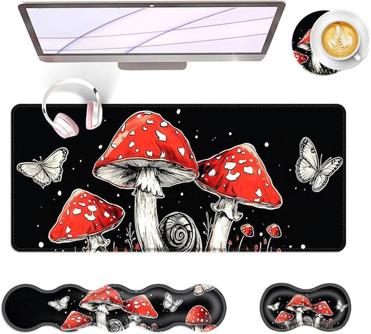 BFUKVOU Large Keyboard Mouse Pad Set, Extended Mouse Pad+Keyboard Wrist Rest Support, Memory Foam Ergonomic Easy Typing, 4Pcs (31.5×11.8 in) Desk Pad Set for Office Home,Mushrooms and Butterflies