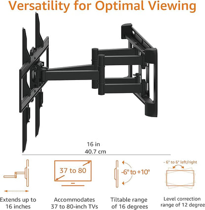 Amazon Basics Heavy Duty Dual Arm, Full Motion Articulating TV Mount for 37" to 80" TVs up to 132 lbs, Fits LED LCD OLED Flat Curved Screens, Black
