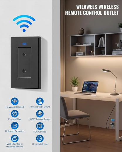 Black Remote Control Outlet Plug, WILAWELS Wireless Light Switch, On Off Remote Switch Outlet for Lights, Lamps, Home Appliance, 100ft RF Range, FCC Listed (2 Controllers + 1 Outlet) H05RC2106