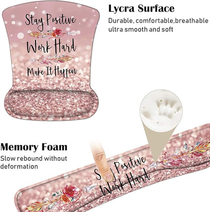 Keyboard Wrist Rest and Mouse Pad Wrist Support Set with Coasters, Inspirational Quote Stay Positive Work Hard and Make It Happen Wrist Mouse Pad with Non-Slip PU Base for Computer Laptop Home Office