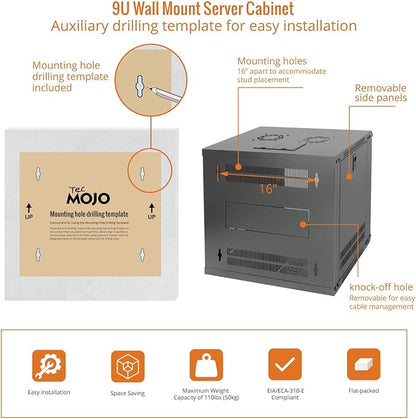 Tecmojo 9U Wall Mount Server Cabinet IT Network Rack Enclosure Lockable Door and Side Panels Black,Cooling Fan, Glass Door, 17.7inch Depth,for 19” IT Equipment, A/V Devices