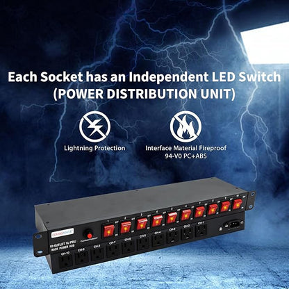 1U PDU Horizontal Rackmount Power Strip - Surge Protector 10 NEMA 5-15R Outlet 100V-240V/15A 1800 Joules, 10 Independent LED Switches, w/6 ft Cord, for Network Server, ETL Listed, by CENTROPOWER