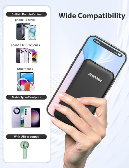 Alongza Portable Charger Built-in Cables and AC Wall Plug, Slim Fast Charging Power Bank 10000mAh, Lightweight USB C External Battery Pack Compact Travel Cell Phone Charger