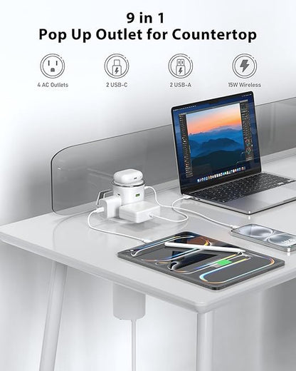 Motorized Pop Up Outlet,2 PD 45W USB C Charging Station, 3.15 in Hole Desktop Power Grommet Electrical Power Outlets Insert in 4AC 4 USB Ports 15W Wireless Charger for Kitchen Countertop