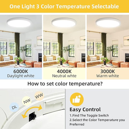 RLEDPZTX Led Flush Mount Ceiling Light,16 Inch 32w 3480lm,3000k/4000k/6000k 3CCT Selectable, Round Modern Flat Panel Super Slim Led Ceiling Light,for Living Dining Kitchen Bedroom Room (1Pack-White)
