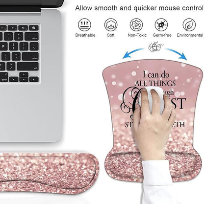 Ergonomic Mouse Pad Wrist Support and Keyboard Wrist Rest Set with Coasters, Non-Slip PU Base, Easy Typing and Relieve Wrist Pain, Perfect for Home Office Working Studying, Quote Bible Verse Phil 4:13
