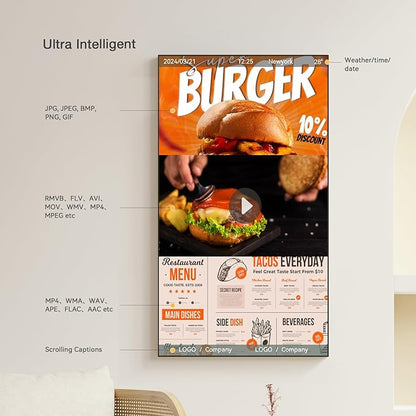Canlarriz Digital Signage Display 100 inch Wall Mount Digital Menu Board for Restaurants and Stores Advertising Screen 500 nits Ultra-High Brightness 4KUHD Free Web Content Editor Android 4GB + 64GB