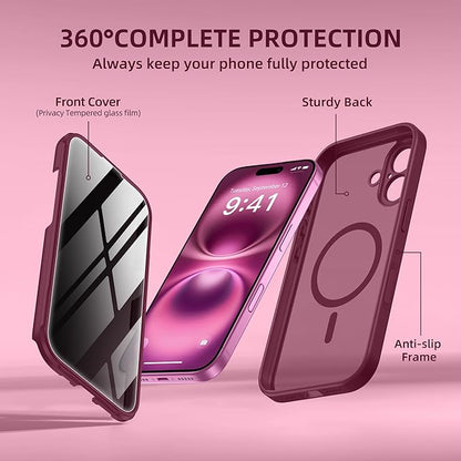 BERFY Magnetic for iPhone 16 Plus Case, Compatible with MagSafe, Built-in Privacy Screen Protector and Upgraded Camera Protection, Anti-Spy Full Body Shockproof Phone Case for 16 Plus 6.7", Dark Red