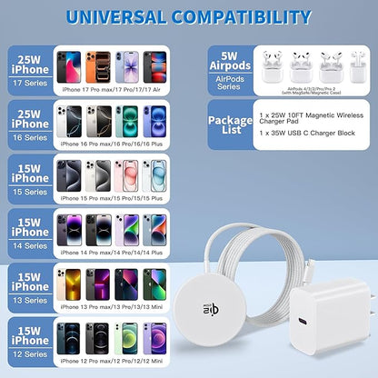 [Apple Qi2.2 Certified]Magnetic Wireless Charger, 10FT 25W iPhone Magsafe Charger Fast Phone Charging Pad Wireless Magnetic Braid Cable Charge for iPhone 17/17 Pro/17 Pro Max/Air/16 ProMax/15/14/13/12
