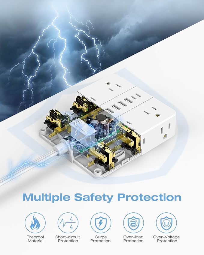 AOFO 25FT Surge Protector Power Strip,12 AC Outlets with 6 USB Ports (2 USB-C), Flat Plug Extension Cord with Multiple Outlets, Wall Mount for Home Office,Dorm, White