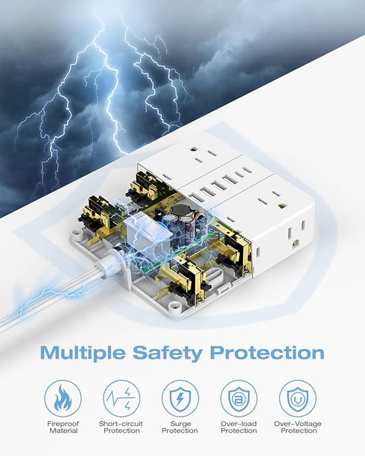 AOFO 25FT Surge Protector Power Strip,12 AC Outlets with 6 USB Ports (2 USB-C), Flat Plug Extension Cord with Multiple Outlets, Wall Mount for Home Office,Dorm, White