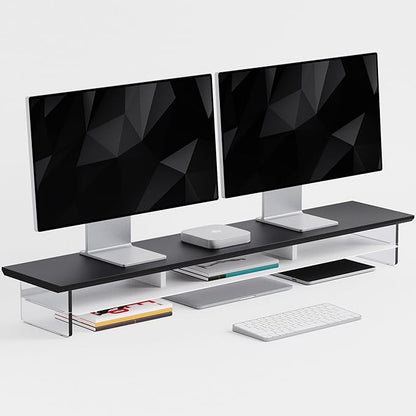 FENSULN Dual‑Tier Monitor Stand for Modern Desk Setup – Minimalist Wooden and Metal Riser Shelf with Transparent Acrylic Feet for Dual Monitors, Laptops, Home Office Aesthetic，Black and White