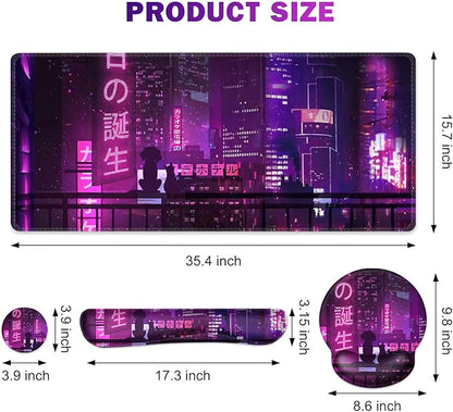 Gaming Mouse Pad, Large Desk Mat, Cute Desk Pad, 4in1 XXL Mousepad + Keyboard Wrist Rest+Mouse Wrist Rest+Coaster Set with Ergonomic Desk Pad for Home Office Table Computer, Purple Anime Neon
