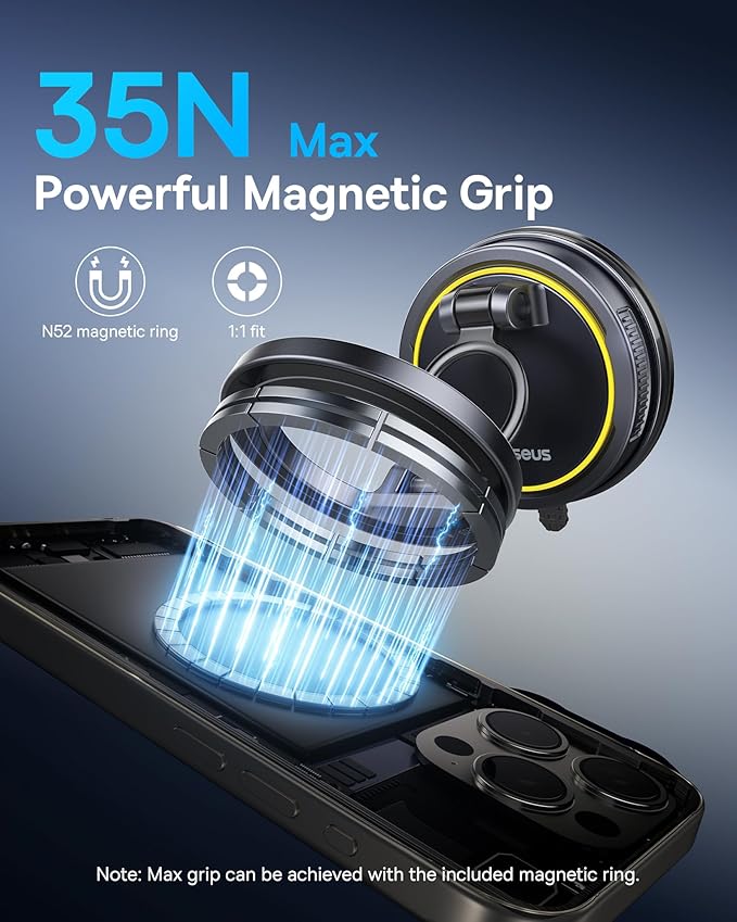 Baseus for Magsafe Car Mount, Vacuum 119LBS Magnetic Suction Cup Phone Holder for Car, 720° Adjustable Foldable Cell Phone Holder with Reusable Washable Gel for Car & for iPhone 16 15 14 13 Pro Max