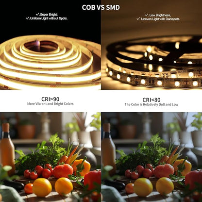 BUNACET COB LED Strip Lights, Bright COB LED Lights 20ft LED 3000K Cool White Dimmable LED with RF Remote Under Cabinet Lighting for Bedroom Counter Kitchen