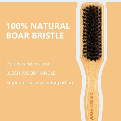SWEET VIEW Boar Bristle Slick Back Hair Brush for Smooth Flyaways, Frizz, Sleek Ponytail, Buns and Edge Baby Hair, Teasing | Gel Comb Styling Accessories for Girls, Kids and Women