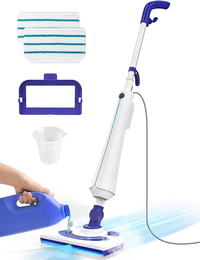 Steam Mops for Floor Cleaning, 1300W Floor Steamer with Detergent Chamber, 25S Heat Up, Lightweight Steamer for Cleaning with 2 Washable Pads, Safe for Tiles, Upholstery, Carpet, Hardwood