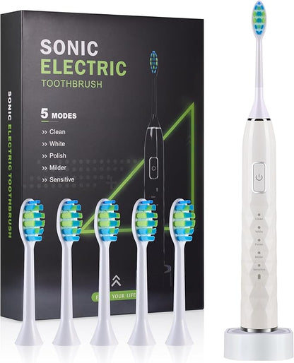 ZUAMEGU Sonic Electric Toothbrush for Adults - Deep Cleaning Teeth Whitening6 Replacement Brush Heads100-Day Battery5 Modes w/SensitiveIPX7 Waterproof (Color Options)