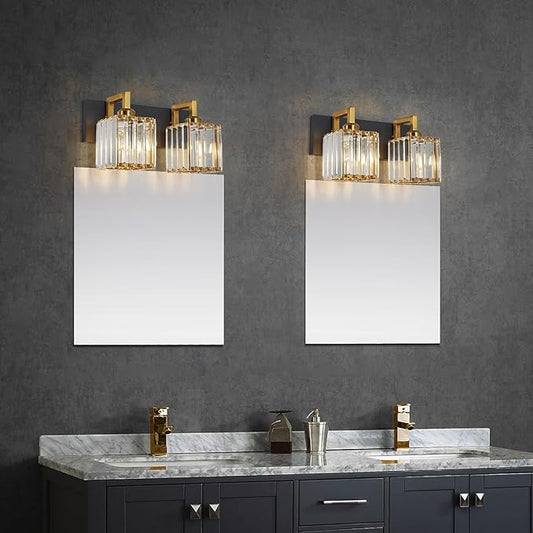 FDPBY Modern Bathroom Vanity Light 2-Lights Black Gold Crystal Wall Lamp Bathroom Modern Crystal Vanity Lighting