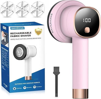 Smyeviva Rechargeable Fabric Shaver for Clothes: 6-Leaf Blades & 3 Speeds to Remove Pilling, Fuzz & Lint Balls - with LED Display, Portable Electric Lint Remover for Sweater, Couch, Blanket, Furniture