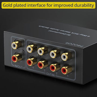 PROZOR RCA Switch 4 Way Bi-Directional RCA Splitter with Volume Control and Switch Button, R/L Audio Selector with No Power Supply Needed for DVD Stereo Speaker CD Player