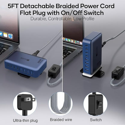 8-Port iPhone Charger Fast Charging 200W with Flat Plug, Braided Power Cord, and On/Off Switch- USB Charging Hub for iPhone, iPad, MacBook and More- 65W C Port Power Adapter for Laptops