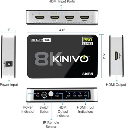 Kinivo 8K HDMI Switch (8K 60Hz, 4 in 1 Out, 48Gbps HDMI 2.1 Hub, Ultra HD Switcher, HDR10+, Dolby Atmos) - Compatible with HDTV, Nintendo Switch 2, PS5, Xbox, Apple TV