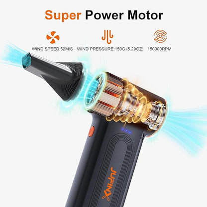 JUFINX X117 Compressed Air Duster-150000RPM Super Power Snow Blower, 3-Gear Adjustable Mini Blower with Fast Charging, Electric Air Duster for Leaves,Snow,Computer, Keyboard, House, Outdoor,and Car