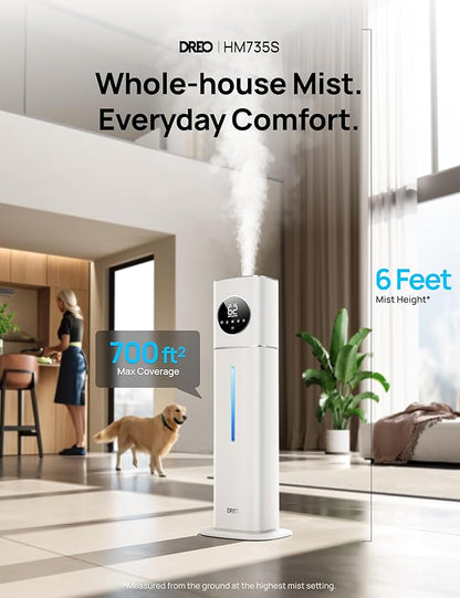 DREO HM735S 11L Smart Humidifier Large Room 700 ft², 100H Cool Mist Air Humidifiers for Bedroom, Top-Fill, Clean Tank Technology, 26dB, Auto Mode, Aroma Box, RGB, Remote & APP Control, Baby, Silver