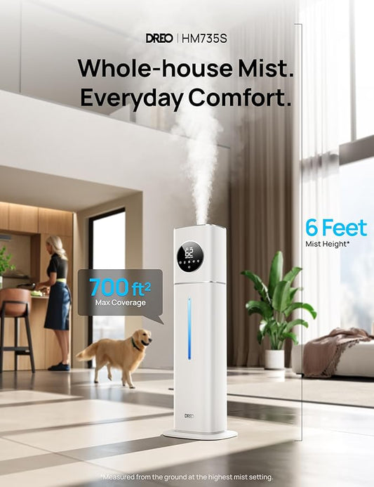 DREO HM735S 11L Smart Humidifier Large Room 700 ft², 100H Cool Mist Air Humidifiers for Bedroom, Top-Fill, Clean Tank Technology, 26dB, Auto Mode, Aroma Box, RGB, Remote & APP Control, Baby, Silver