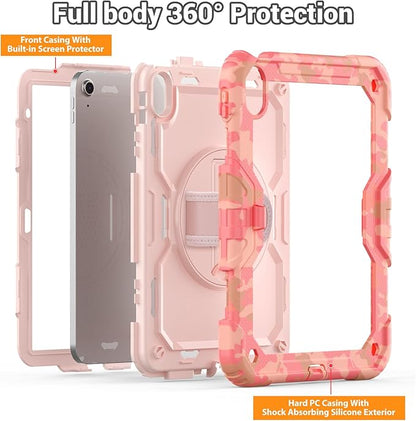 SEYMAC for iPad (A16) 11th/10th Generation 2025/2022 (11″/10.9″), Heavy Duty Full-Body Shockproof Protective Case with Screen Protector, Rotating Stand, Hand/Shoulder Strap, Multicolor/Pink