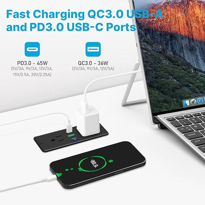CCCEI Recessed Power Strip with Outlet and 45W USB C Ports, Furniture Flush Mount Power Strip, Small Desk Hidden Outlet for Conference Table, Nightstand, Black, 6FT.
