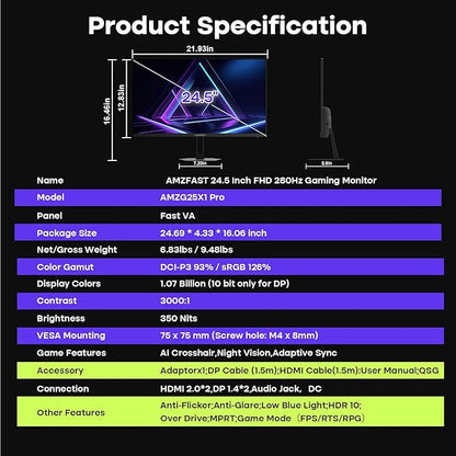 Amzfast 24.5 Inch FHD 280Hz/240Hz Gaming Monitor, 1ms Adaptive Sync, 3000:1, 10 Bit, 126% sRGB, 2*HDMI 2.0 & 2* DP1.4, TÜV Rheinland Eye Care,2 Year Warranty Exchange (HDMI & DP Dual Cable)