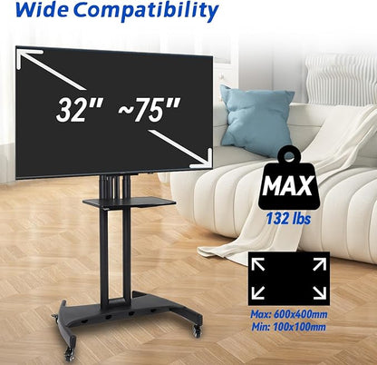 GCCSJ Rolling TV Stand with Adjustable Shelf，Portable TV Stand on Wheels for 32-75 Inch Screens，Heavy Duty Base Mobile TV Cart，132 LBS Weight Capacity， Suitable for Living Room/Bedroom/Office