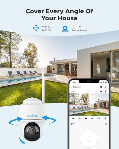 REOLINK Security Cameras Wireless Outdoor, Pan Tilt Solar Powered, 5MP 2K+ Color Night Vision, 2.4/5GHz WiFi, Smart Cameras for Home Security, Works with Home Hub, Argus PT + Solar Panel