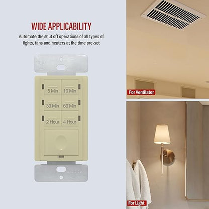 ENERLITES 4-Hour Countdown Timer Switch, 5-10-30-60 Min, 2-4 Hour, for Bathroom Fans, Heaters, Lights, LED Indicator, 120VAC 800W, No Neutral Wire Required, UL Listed, HET06-J-I, Ivory