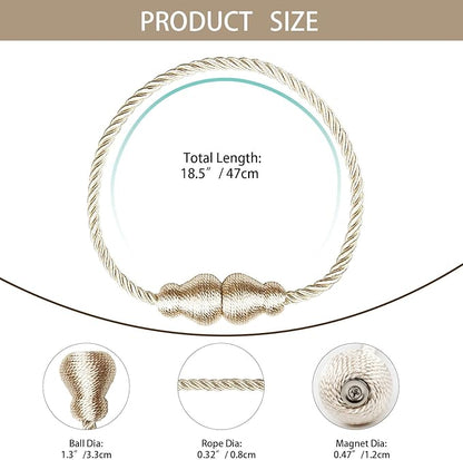Nieffeiy Magnetic Curtain Tiebacks Outdoor Curtain Tie Backs Rope Decorative Magnetic Curtain Holders for Drapes Window Treatment Holdbacks, Oatmeal 4Pack