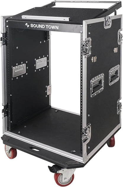 Sound Town Heavy-Duty 1/2" (12mm) Plywood 16U PA DJ Pro Audio Rack/Road ATA Case with 11U Slant Mixer Top, Locking Drawer, Side Table, 20’’ Rackable Depth and Casters (STMR-16TD3)