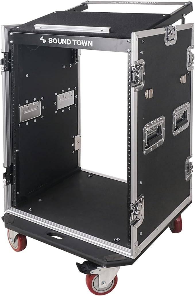 Sound Town Heavy-Duty 1/2" (12mm) Plywood 16U PA/DJ Rack/Road Case with 11U Slant Mixer Top, 20’’ Rackable Depth, DJ Work Table and Casters, 16-Space Size, Pro Tour Grade (STMR-16UWT)