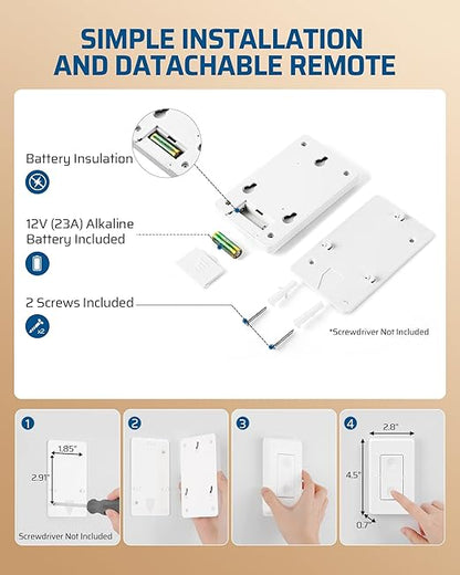 DEWENWILS Remote Control Outlet Wireless Wall Mounted Light Switch, Electrical Plug in On Off Power Switch for Lamp, Fan, Household Appliance, No Wiring, 100 Feet RF Range, ETL Listed, Programmable