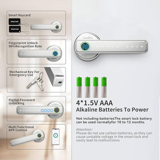 GEKRONE Fingerprint Smart Lever Lock TUYA APP Control Keyless Entry Bluetooth Touchscreen Indoor Handle Biometric Electronic Digital Door Knob with Keypad Suitable for Hotel Office Apartment Bedroom
