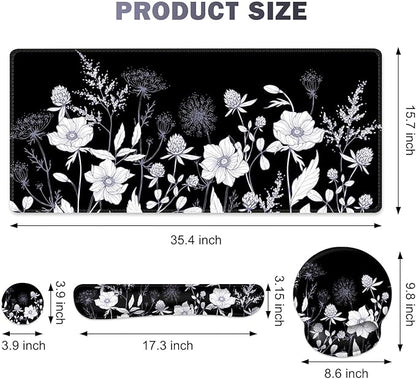 Gaming Mouse Pad, Large Desk Mat, Cute Desk Pad Protector, 4in1 XXL Mousepad + Keyboard Wrist Rest+Mouse Wrist Rest+Coaster Set with Ergonomic Desk Pad for Home Office PC Computer, Black White Flowers